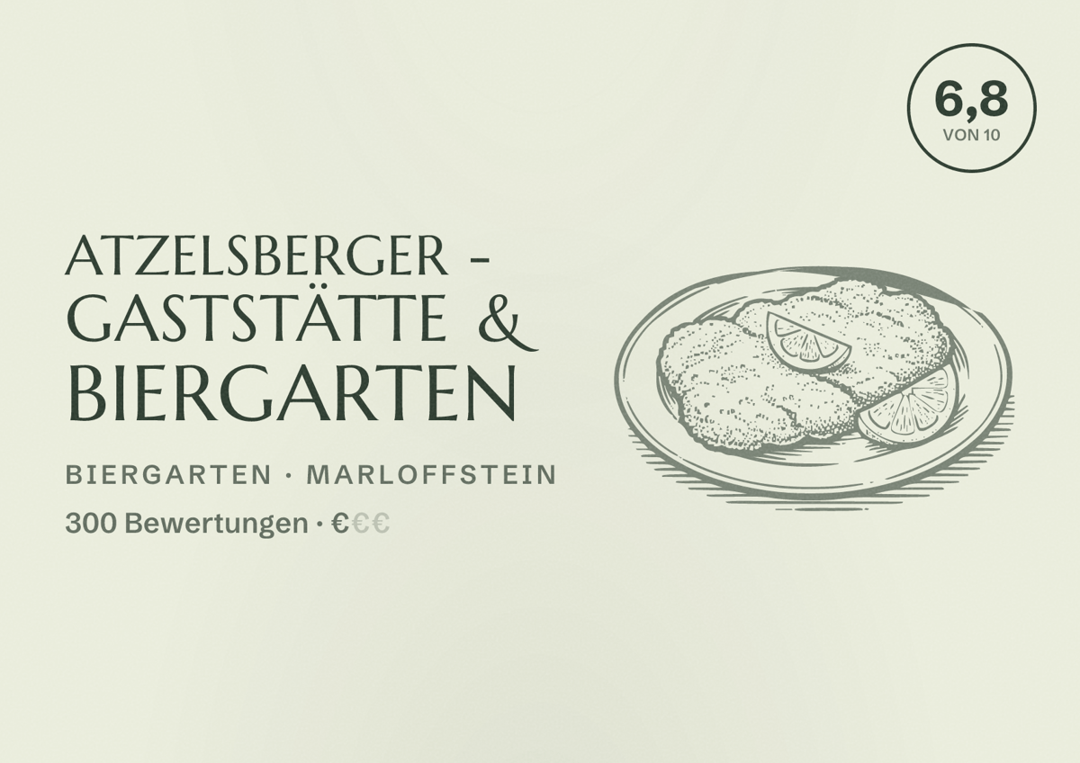 Illustriertes Poster von Atzelsberger - Gaststätte & Biergarten, Biergarten in Marloffstein: Bewertung 6,8 von 10 aus 300 Bewertungen, Preisniveau €
