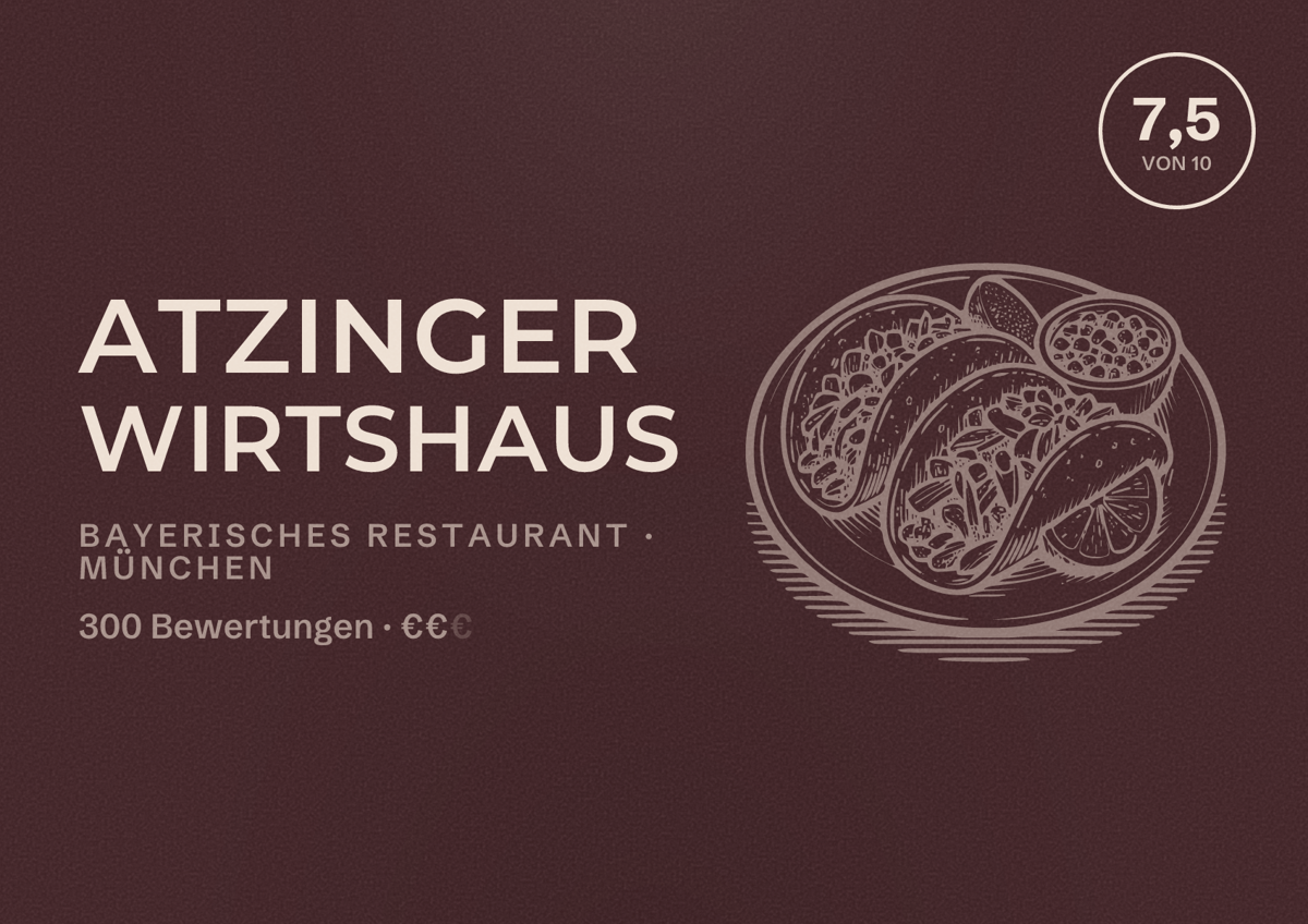 Illustriertes Poster von Atzinger Wirtshaus, Bayerisches Restaurant in München: Bewertung 7,5 von 10 aus 300 Bewertungen, Preisniveau €€