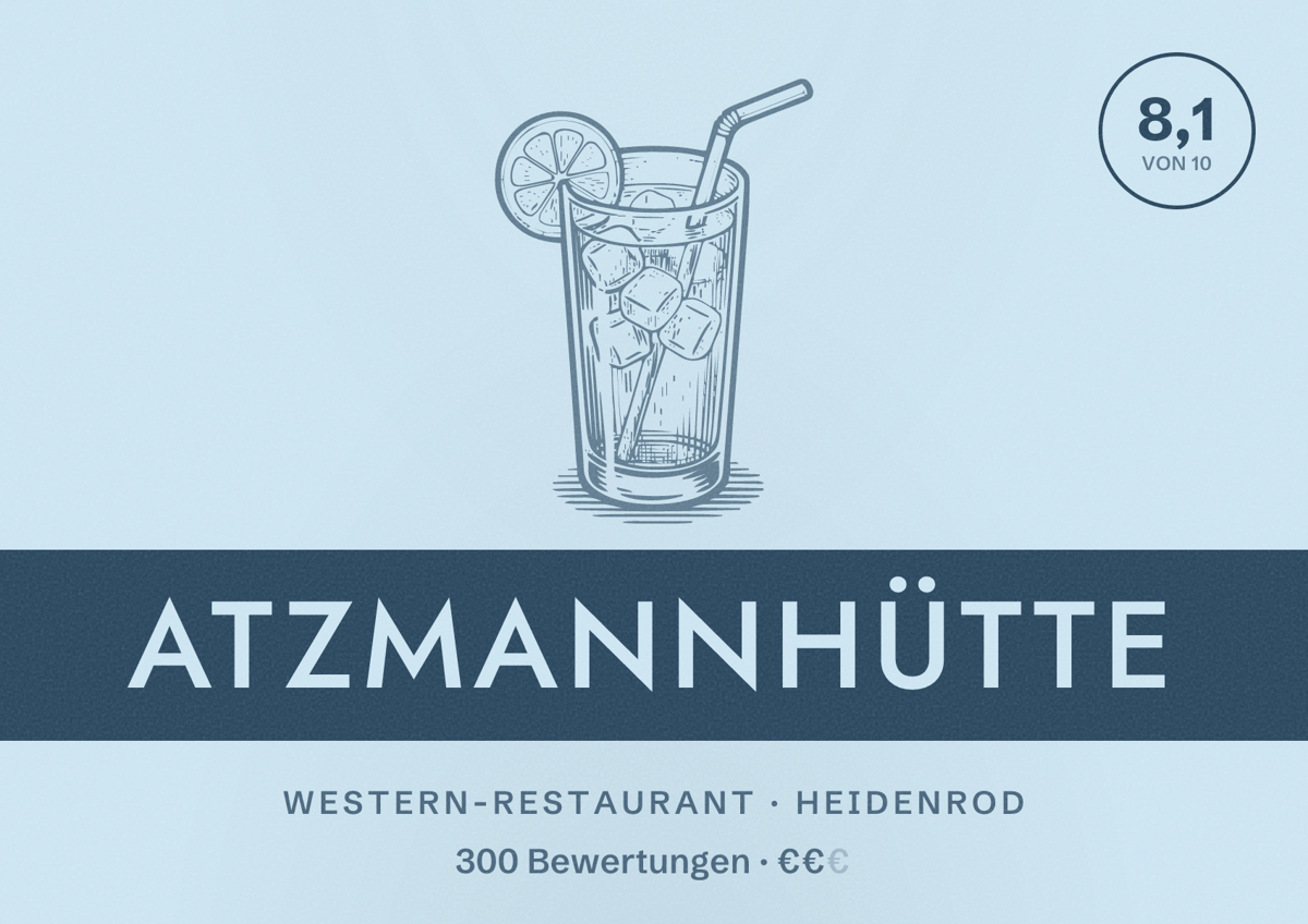 Illustriertes Poster von Atzmannhütte, Western-Restaurant in Heidenrod: Bewertung 8,1 von 10 aus 300 Bewertungen, Preisniveau €€