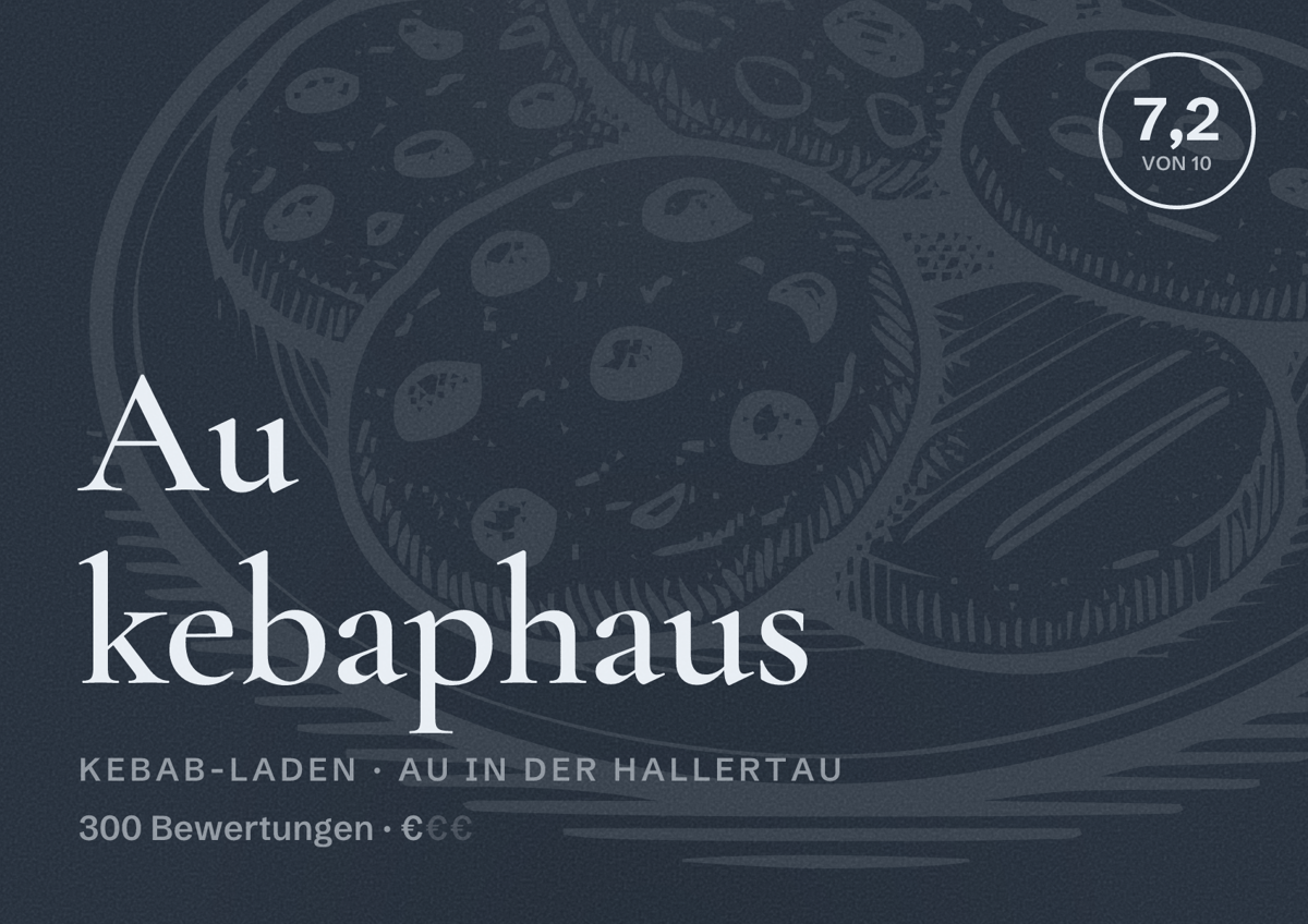 Illustriertes Poster von Au kebaphaus, Kebab-Laden in Au in der Hallertau: Bewertung 7,2 von 10 aus 300 Bewertungen, Preisniveau €
