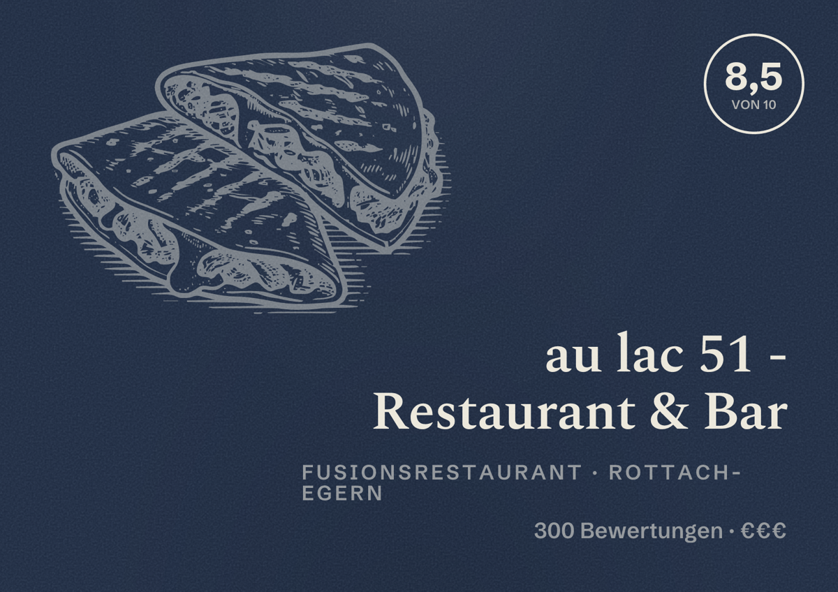 Illustriertes Poster von au lac 51 - Restaurant & Bar, Fusionsrestaurant in Rottach-Egern: Bewertung 8,5 von 10 aus 300 Bewertungen, Preisniveau €€€