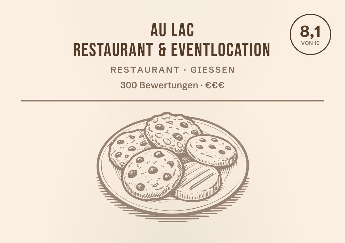 Illustriertes Poster von Au Lac Restaurant & Eventlocation, Restaurant in Gießen: Bewertung 8,1 von 10 aus 300 Bewertungen, Preisniveau €€€