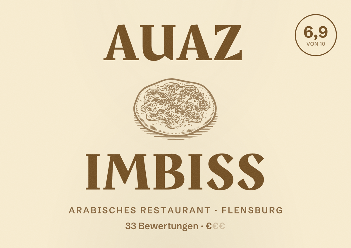 Illustriertes Poster von Auaz Imbiss, Arabisches Restaurant in Flensburg: Bewertung 6,9 von 10 aus 33 Bewertungen, Preisniveau €