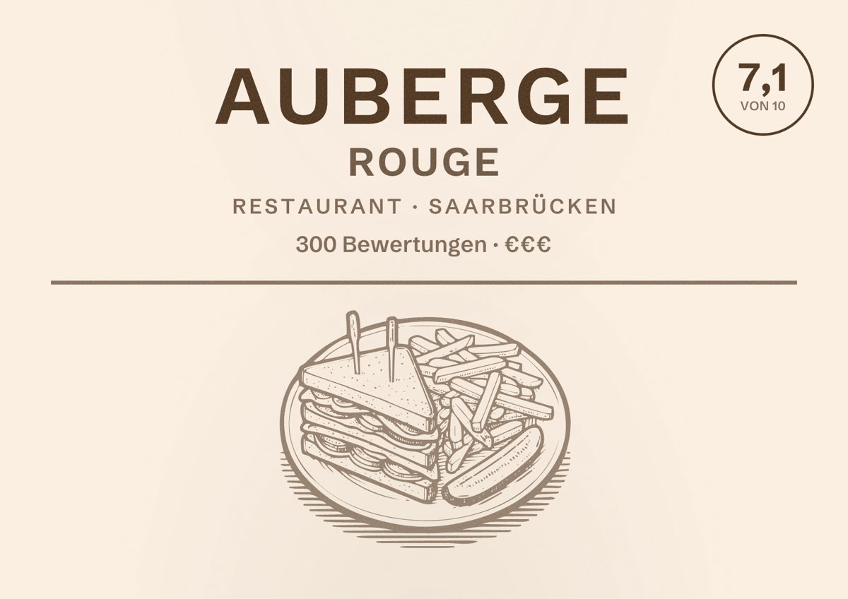 Illustriertes Poster von Auberge Rouge, Restaurant in Saarbrücken: Bewertung 7,1 von 10 aus 300 Bewertungen, Preisniveau €€€