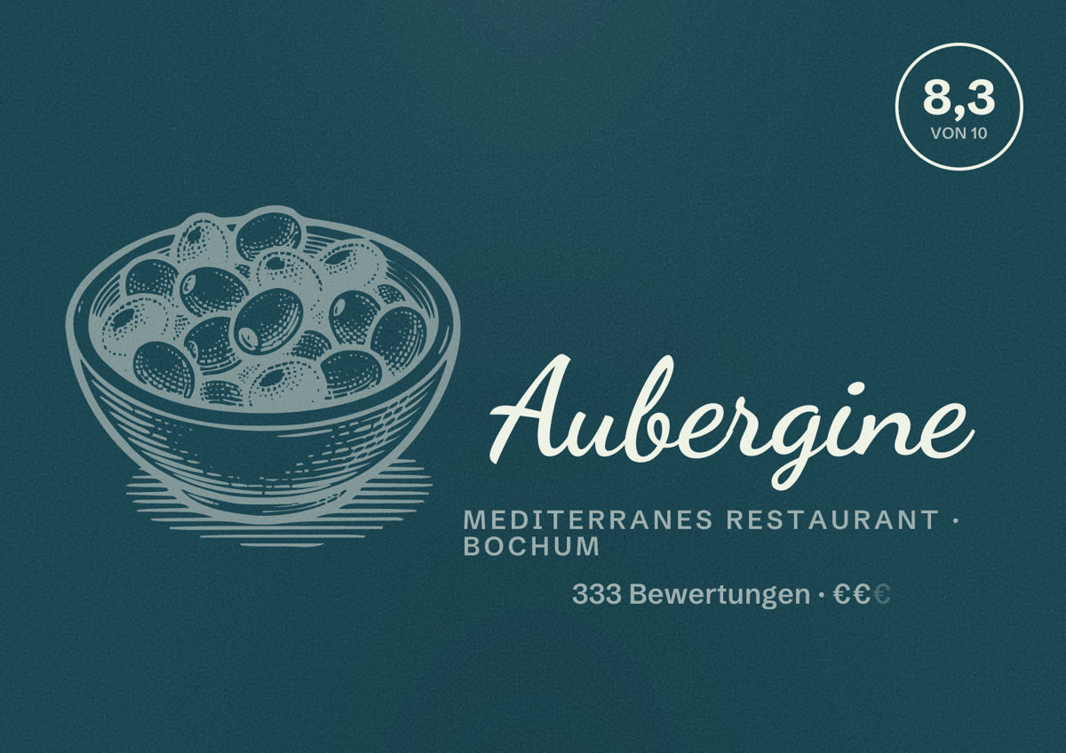 Illustriertes Poster von Aubergine, Mediterranes Restaurant in Bochum: Bewertung 8,3 von 10 aus 333 Bewertungen, Preisniveau €€