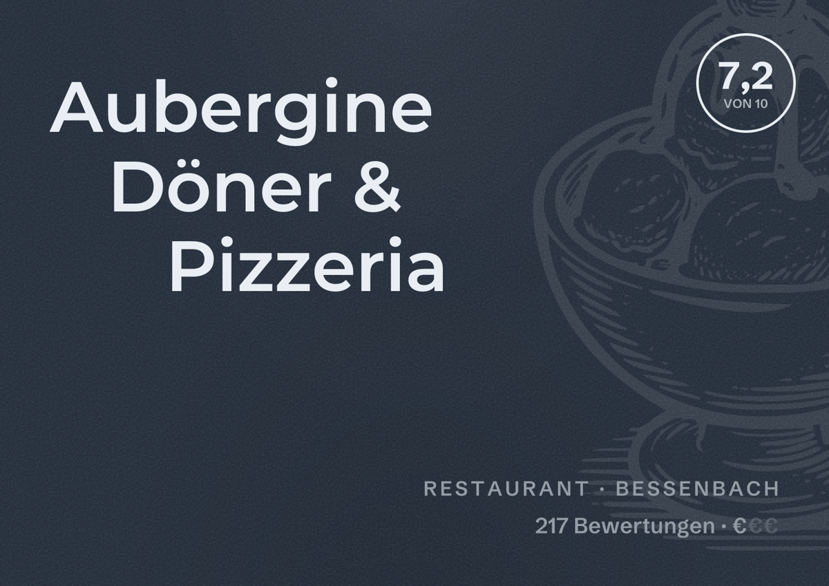 Illustriertes Poster von Aubergine Döner & Pizzeria, Restaurant in Bessenbach: Bewertung 7,2 von 10 aus 217 Bewertungen, Preisniveau €