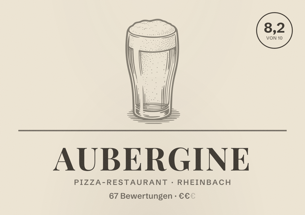 Illustriertes Poster von Aubergine, Pizza-Restaurant in Rheinbach: Bewertung 8,2 von 10 aus 67 Bewertungen, Preisniveau €€