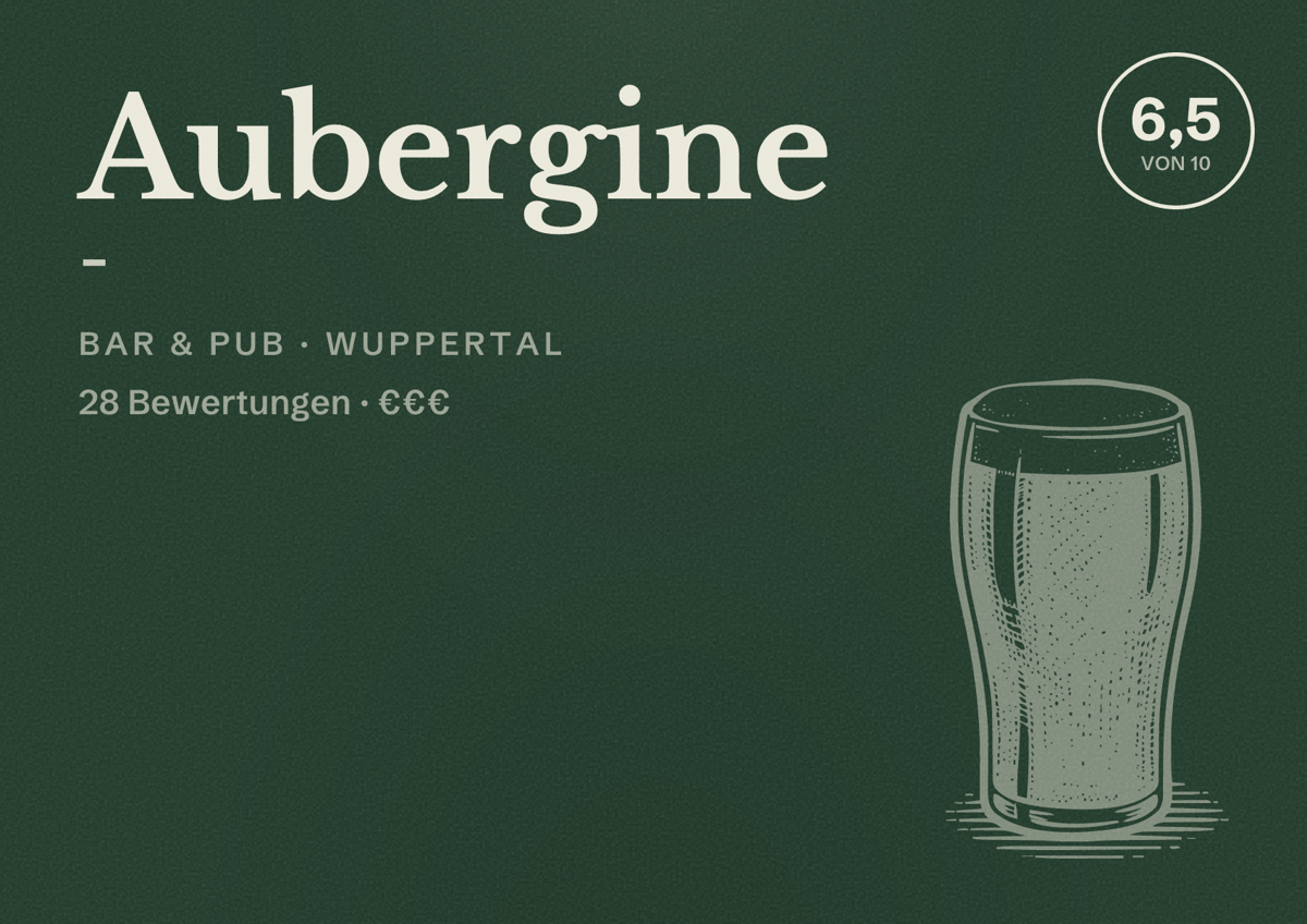 Illustriertes Poster von Aubergine -, Bar & Pub in Wuppertal: Bewertung 6,5 von 10 aus 28 Bewertungen, Preisniveau €€€