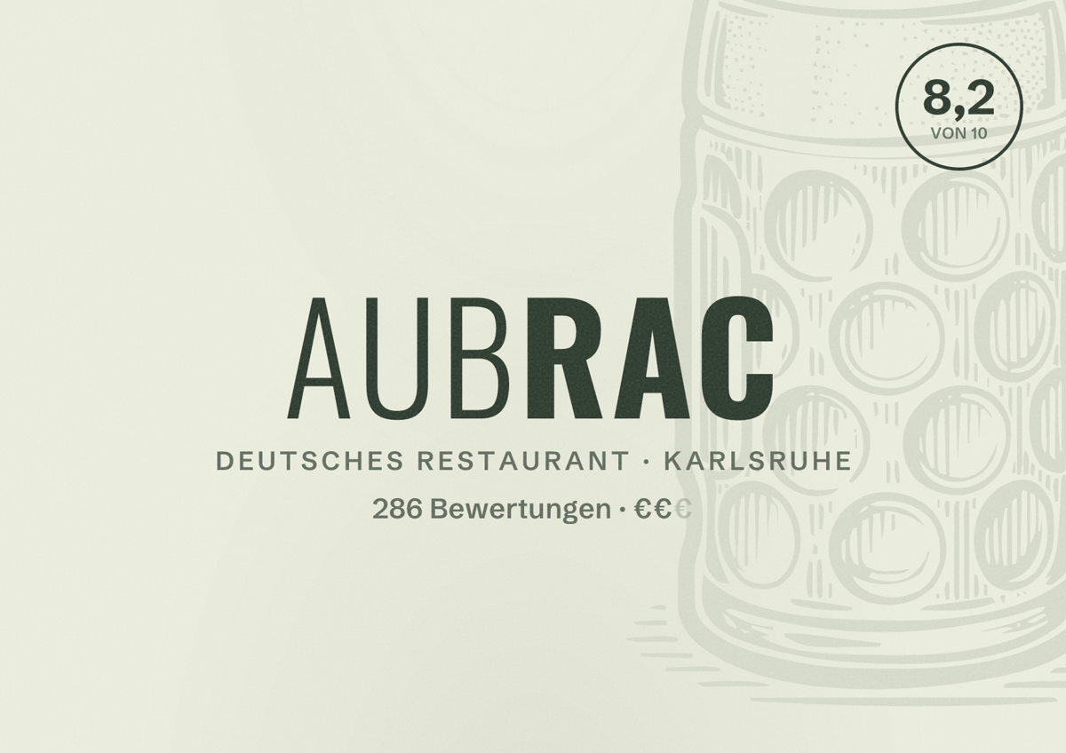 Illustriertes Poster von Aubrac, Deutsches Restaurant in Karlsruhe: Bewertung 8,2 von 10 aus 286 Bewertungen, Preisniveau €€