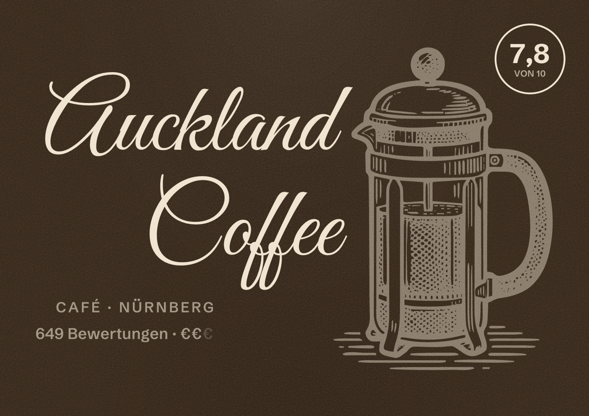 Illustriertes Poster von Auckland Coffee, Café in Nürnberg: Bewertung 7,8 von 10 aus 649 Bewertungen, Preisniveau €€
