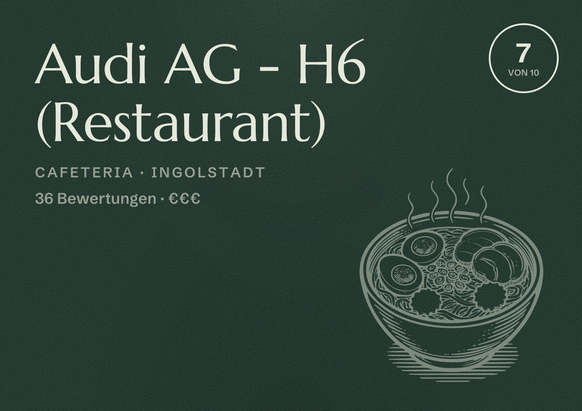 Illustriertes Poster von Audi AG - H6 (Restaurant), Cafeteria in Ingolstadt: Bewertung 7 von 10 aus 36 Bewertungen, Preisniveau €€€