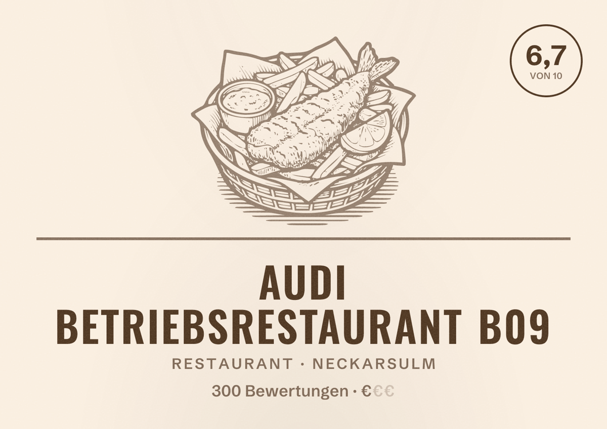 Illustriertes Poster von Audi Betriebsrestaurant B09, Restaurant in Neckarsulm: Bewertung 6,7 von 10 aus 300 Bewertungen, Preisniveau €