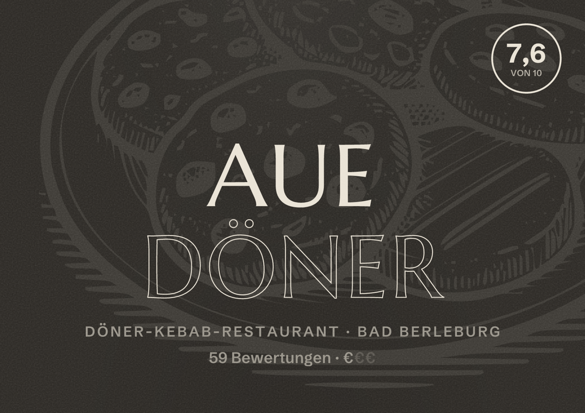 Illustriertes Poster von Aue Döner, Döner-Kebab-Restaurant in Bad Berleburg: Bewertung 7,6 von 10 aus 59 Bewertungen, Preisniveau €