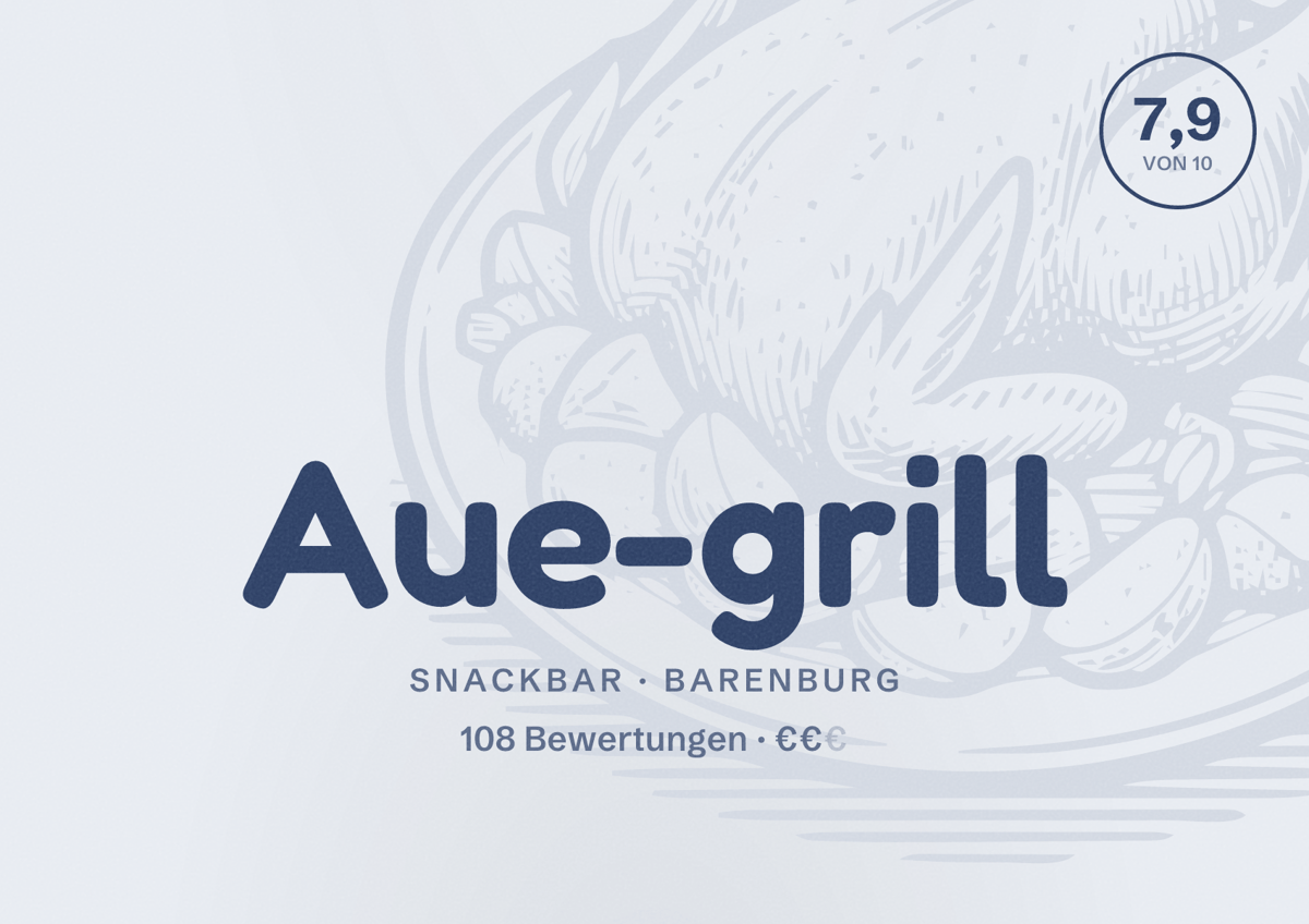 Illustriertes Poster von Aue-grill, Snackbar in Barenburg: Bewertung 7,9 von 10 aus 108 Bewertungen, Preisniveau €€