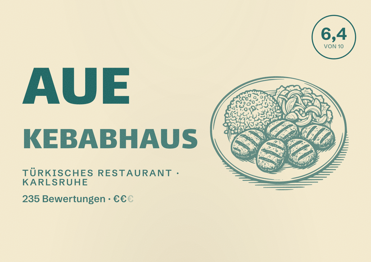 Illustriertes Poster von Aue Kebabhaus, Türkisches Restaurant in Karlsruhe: Bewertung 6,4 von 10 aus 235 Bewertungen, Preisniveau €€