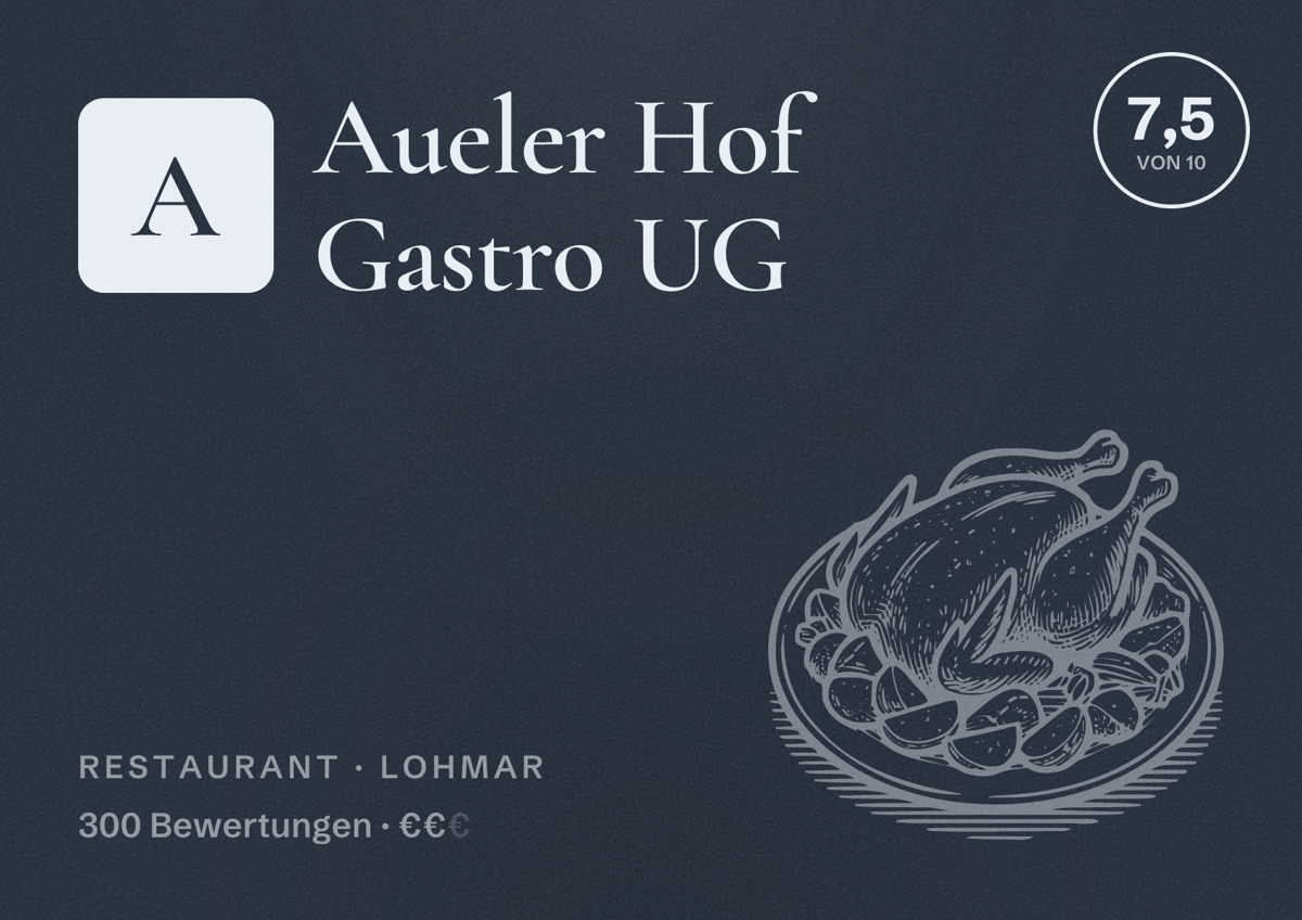 Illustriertes Poster von Aueler Hof Gastro UG, Restaurant in Lohmar: Bewertung 7,5 von 10 aus 300 Bewertungen, Preisniveau €€