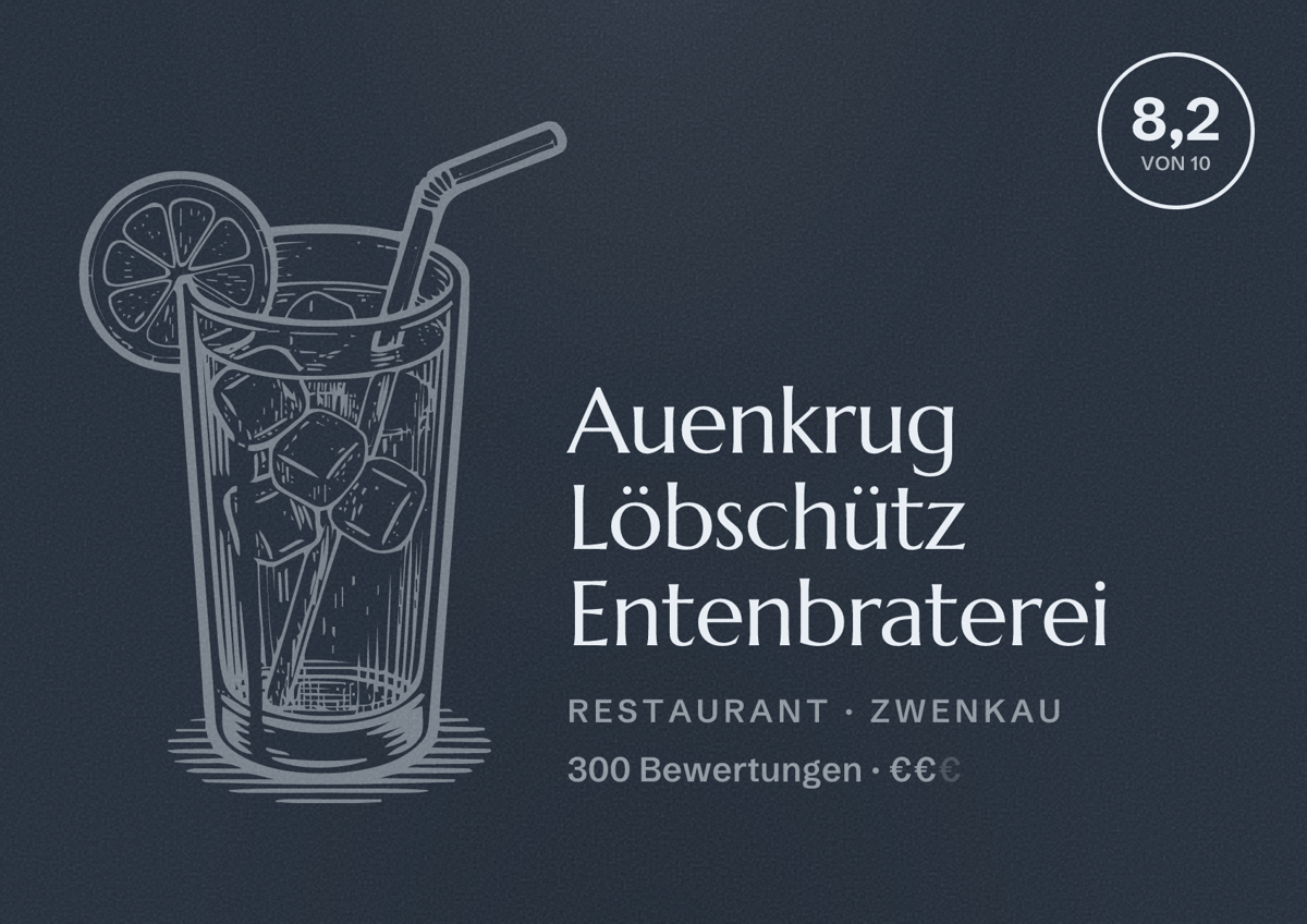 Illustriertes Poster von Auenkrug Löbschütz Entenbraterei, Restaurant in Zwenkau: Bewertung 8,2 von 10 aus 300 Bewertungen, Preisniveau €€
