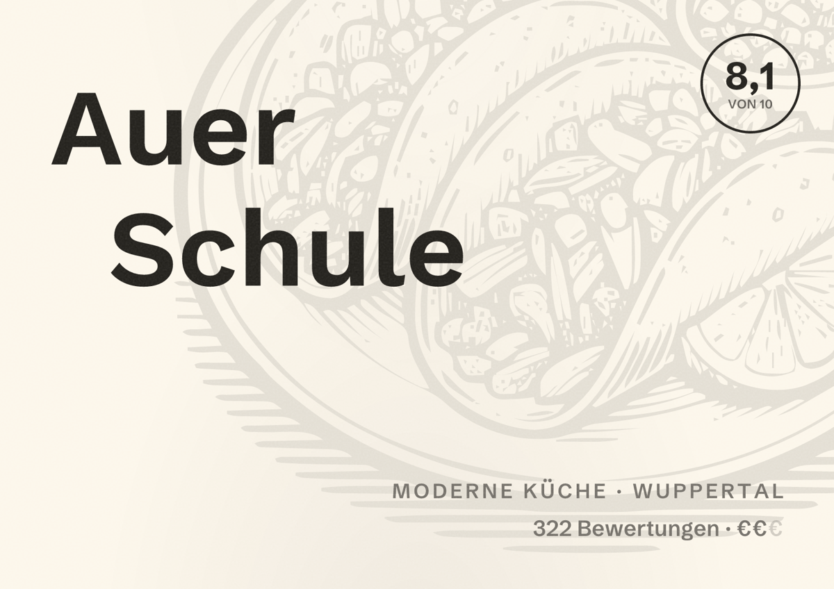 Illustriertes Poster von Auer Schule, Moderne Küche in Wuppertal: Bewertung 8,1 von 10 aus 322 Bewertungen, Preisniveau €€