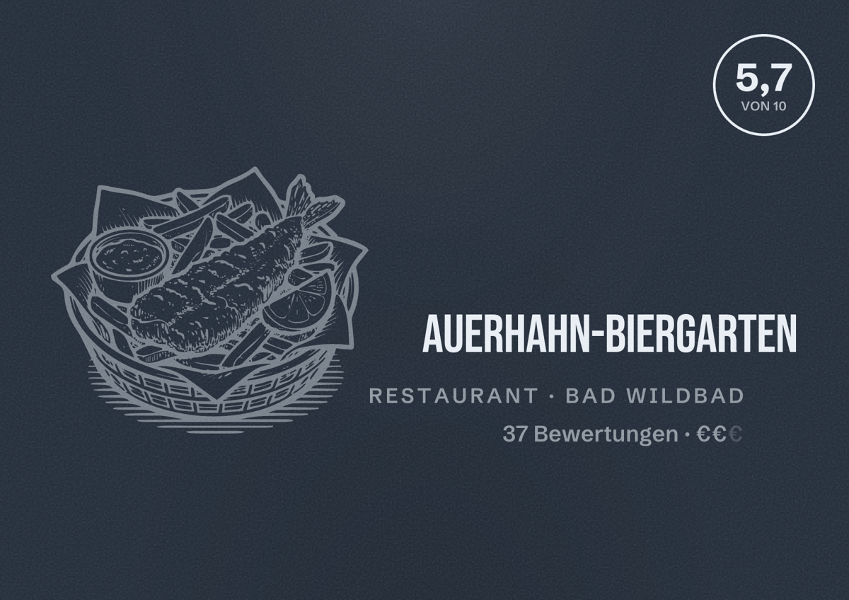 Illustriertes Poster von Auerhahn-Biergarten, Restaurant in Bad Wildbad: Bewertung 5,7 von 10 aus 37 Bewertungen, Preisniveau €€