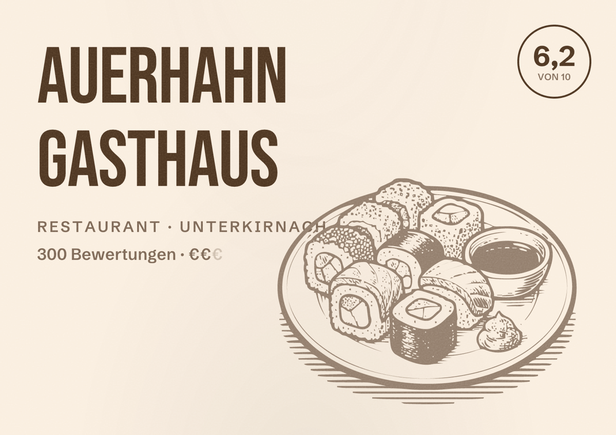 Illustriertes Poster von Auerhahn Gasthaus, Restaurant in Unterkirnach: Bewertung 6,2 von 10 aus 300 Bewertungen, Preisniveau €€