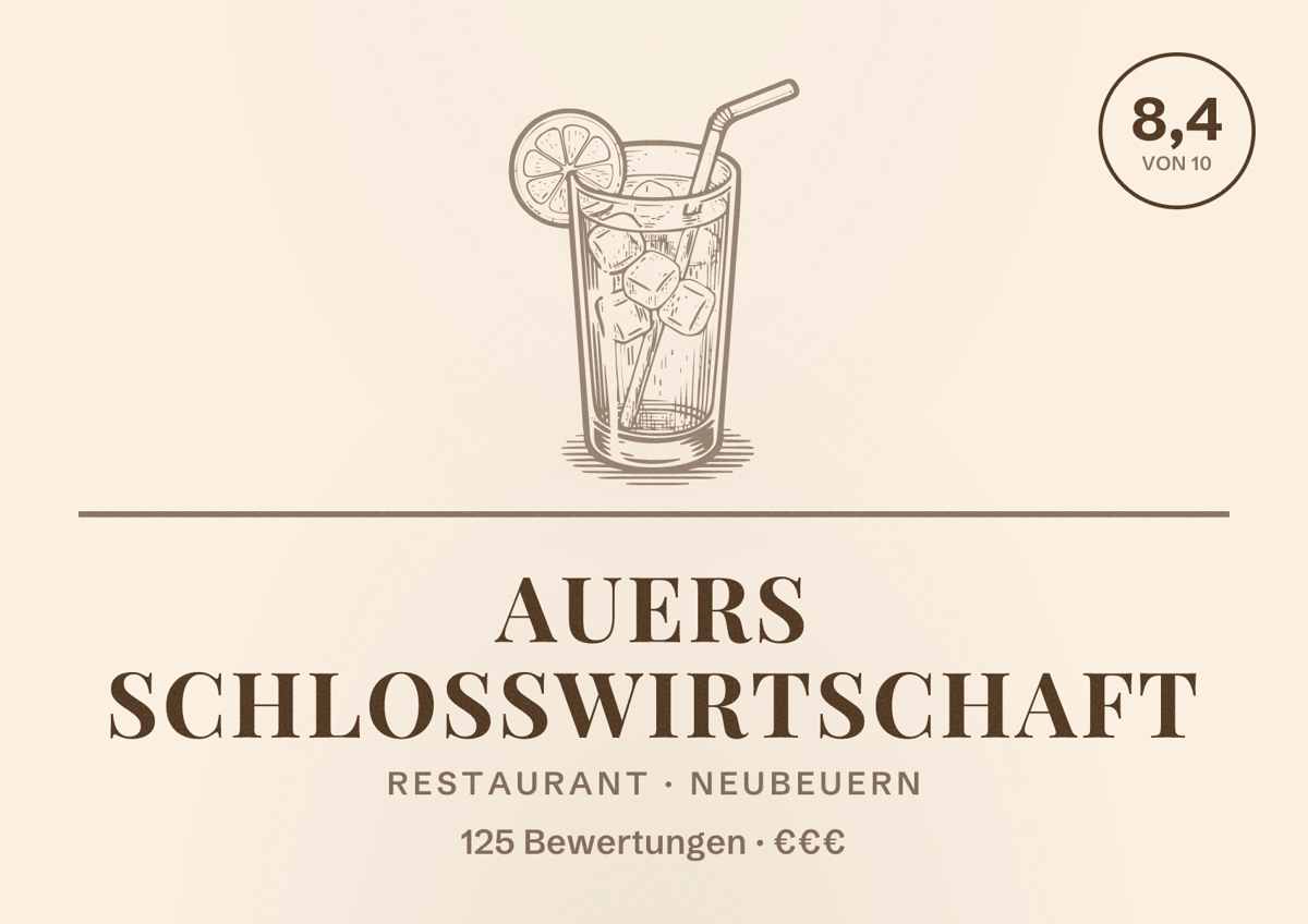 Illustriertes Poster von Auers Schlosswirtschaft, Restaurant in Neubeuern: Bewertung 8,4 von 10 aus 125 Bewertungen, Preisniveau €€€