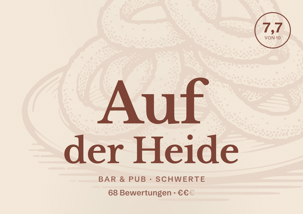Illustriertes Poster von Auf der Heide, Bar & Pub in Schwerte: Bewertung 7,7 von 10 aus 68 Bewertungen, Preisniveau €€