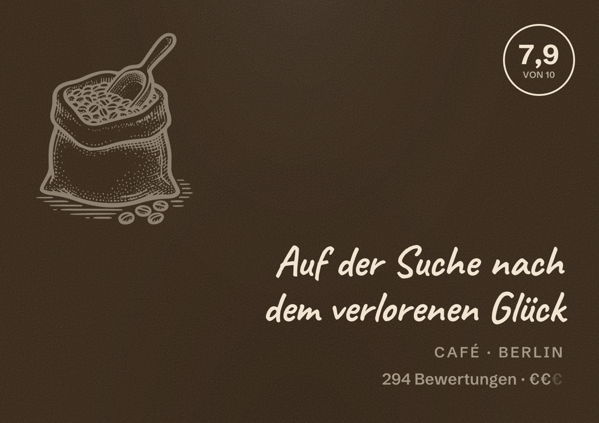 Illustriertes Poster von Auf der Suche nach dem verlorenen Glück, Café in Berlin: Bewertung 7,9 von 10 aus 294 Bewertungen, Preisniveau €€