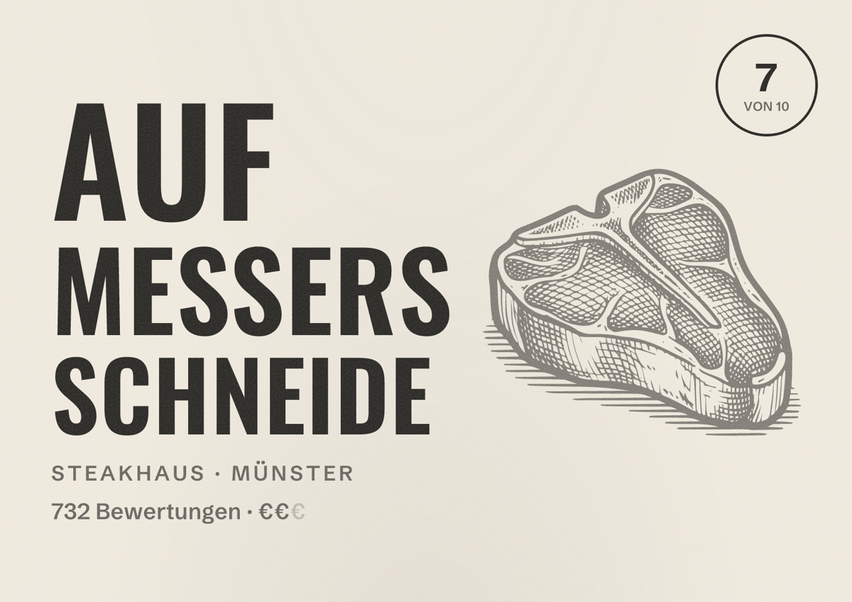 Illustriertes Poster von Auf Messers Schneide, Steakhaus in Münster: Bewertung 7 von 10 aus 732 Bewertungen, Preisniveau €€