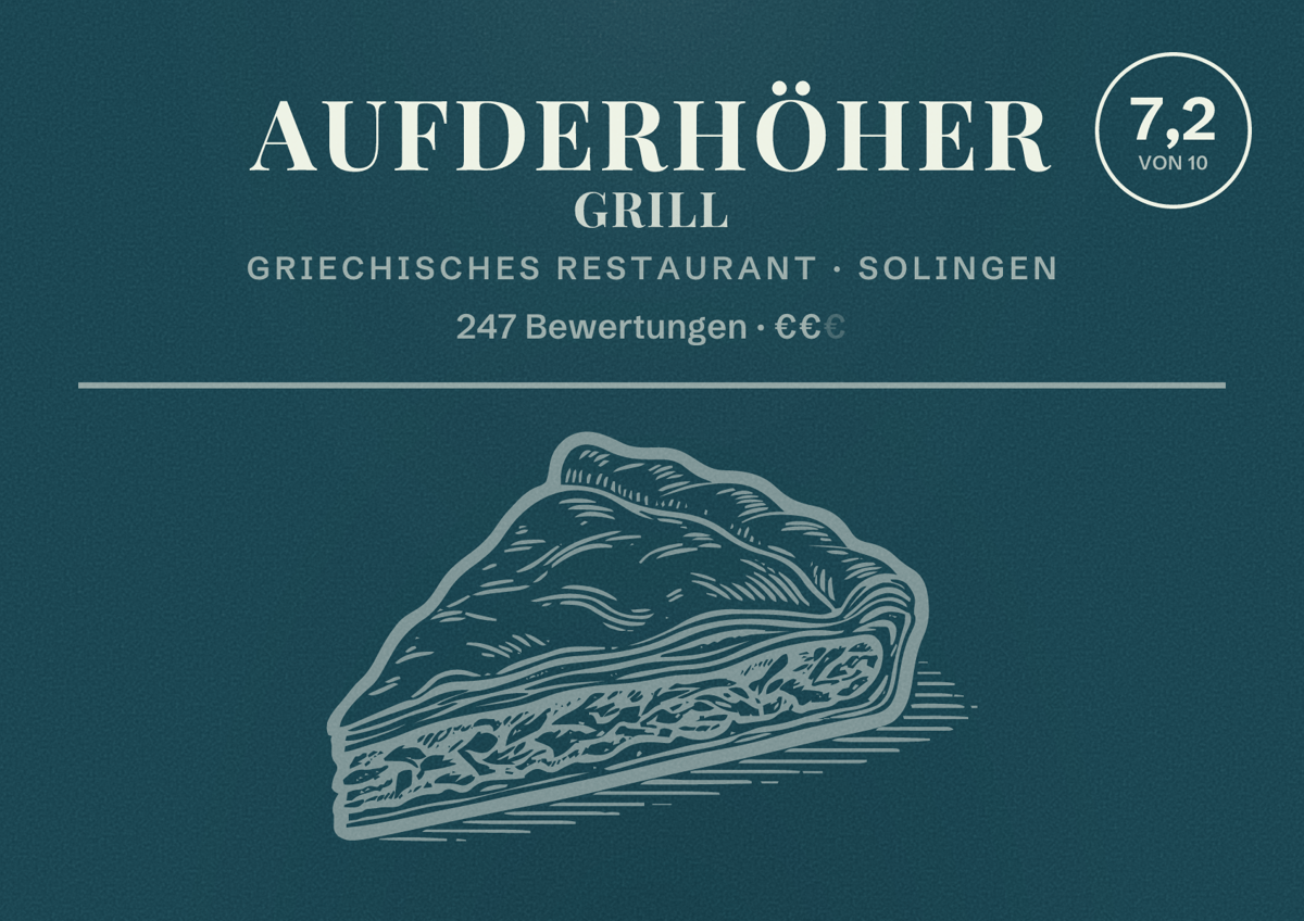 Illustriertes Poster von Aufderhöher Grill, Griechisches Restaurant in Solingen: Bewertung 7,2 von 10 aus 247 Bewertungen, Preisniveau €€