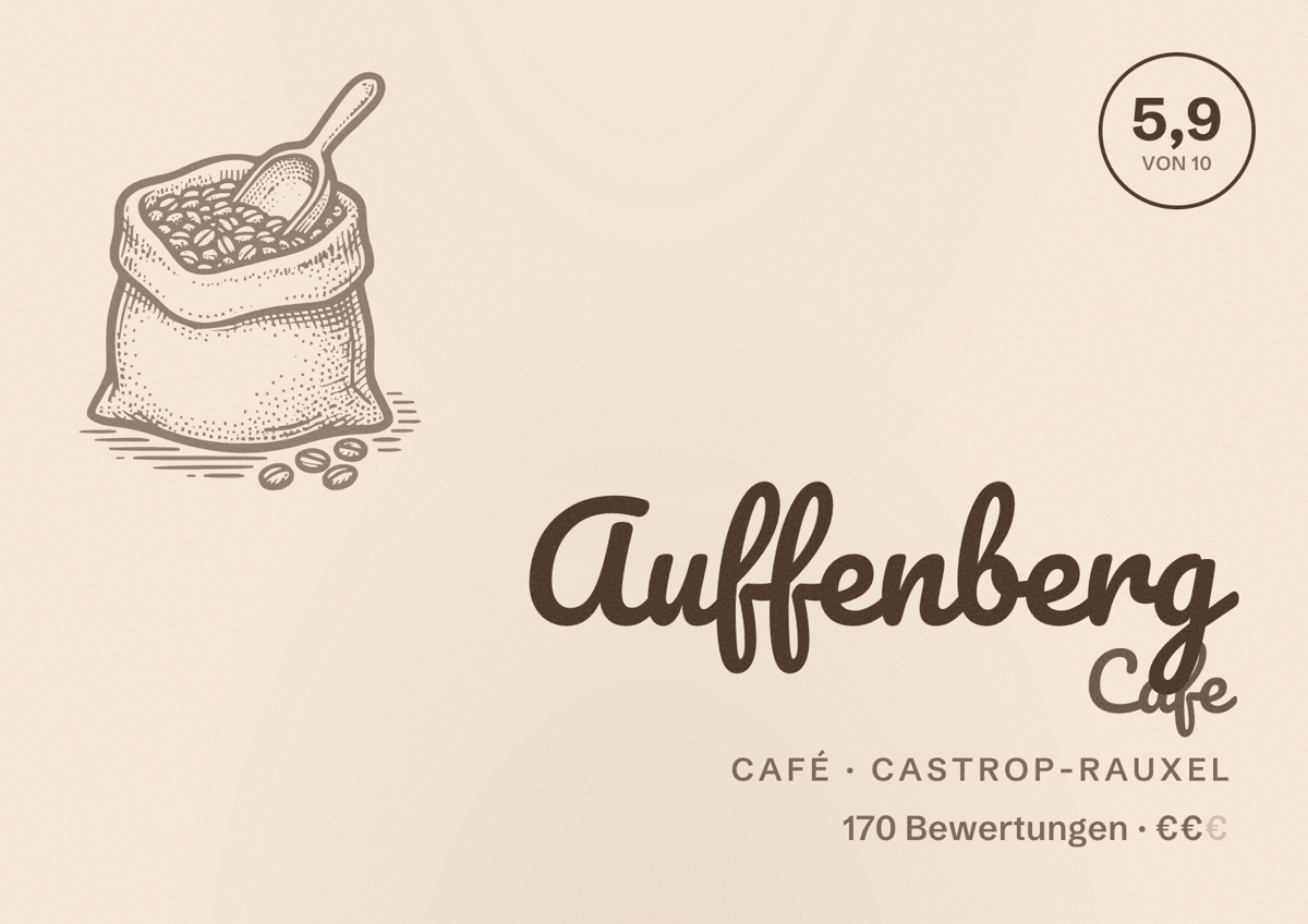 Illustriertes Poster von Auffenberg Cafe, Café in Castrop-Rauxel: Bewertung 5,9 von 10 aus 170 Bewertungen, Preisniveau €€