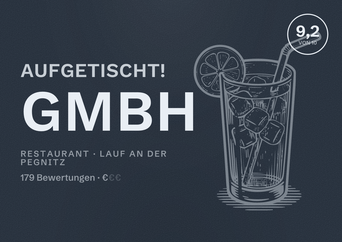 Illustriertes Poster von Aufgetischt! GmbH, Restaurant in Lauf an der Pegnitz: Bewertung 9,2 von 10 aus 179 Bewertungen, Preisniveau €