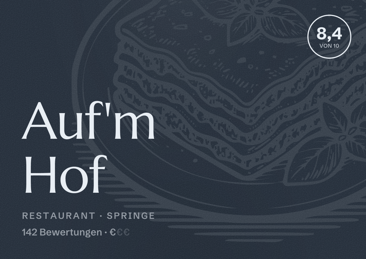 Illustriertes Poster von Auf'm Hof, Restaurant in Springe: Bewertung 8,4 von 10 aus 142 Bewertungen, Preisniveau €