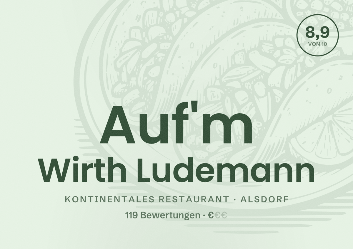 Illustriertes Poster von Auf'm Wirth Ludemann, Kontinentales Restaurant in Alsdorf: Bewertung 8,9 von 10 aus 119 Bewertungen, Preisniveau €
