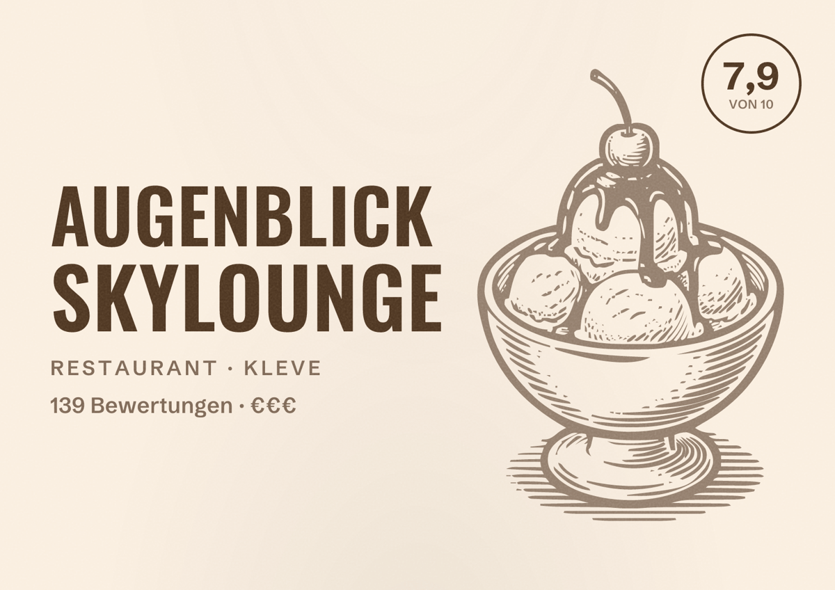 Illustriertes Poster von Augenblick Skylounge, Restaurant in Kleve: Bewertung 7,9 von 10 aus 139 Bewertungen, Preisniveau €€€
