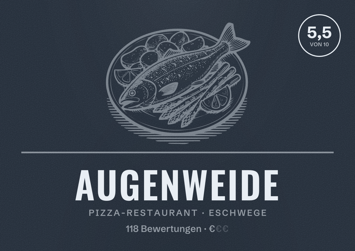Illustriertes Poster von Augenweide, Pizza-Restaurant in Eschwege: Bewertung 5,5 von 10 aus 118 Bewertungen, Preisniveau €