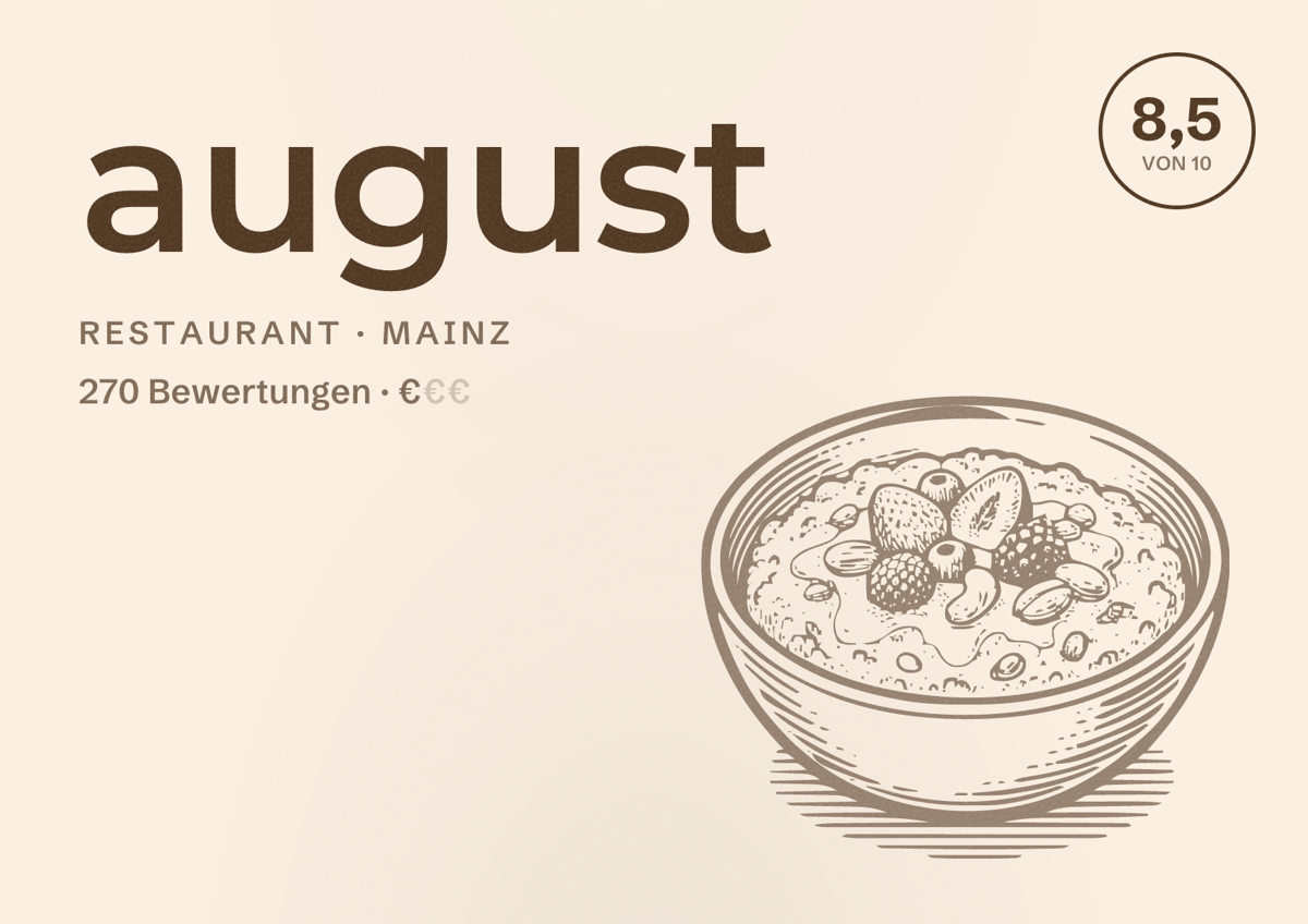 Illustriertes Poster von august, Restaurant in Mainz: Bewertung 8,5 von 10 aus 270 Bewertungen, Preisniveau €