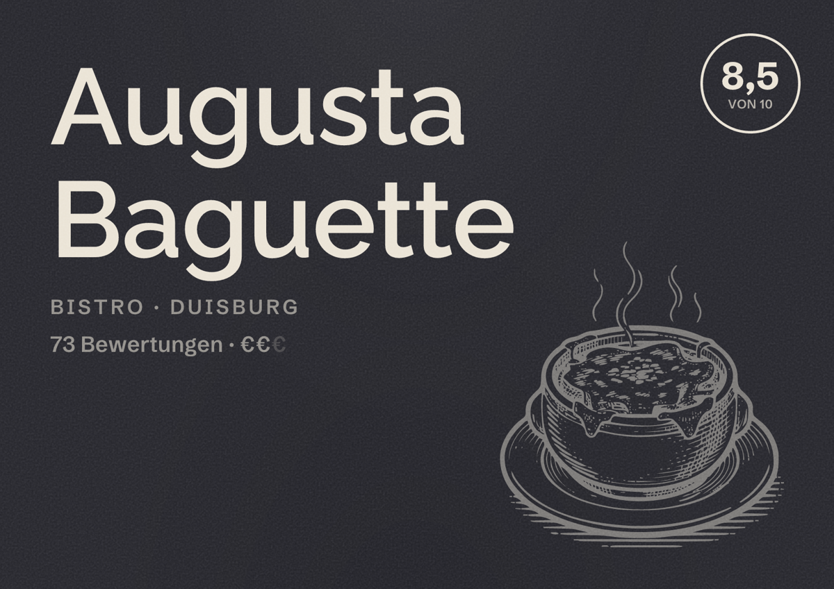 Illustriertes Poster von Augusta Baguette, Bistro in Duisburg: Bewertung 8,5 von 10 aus 73 Bewertungen, Preisniveau €€