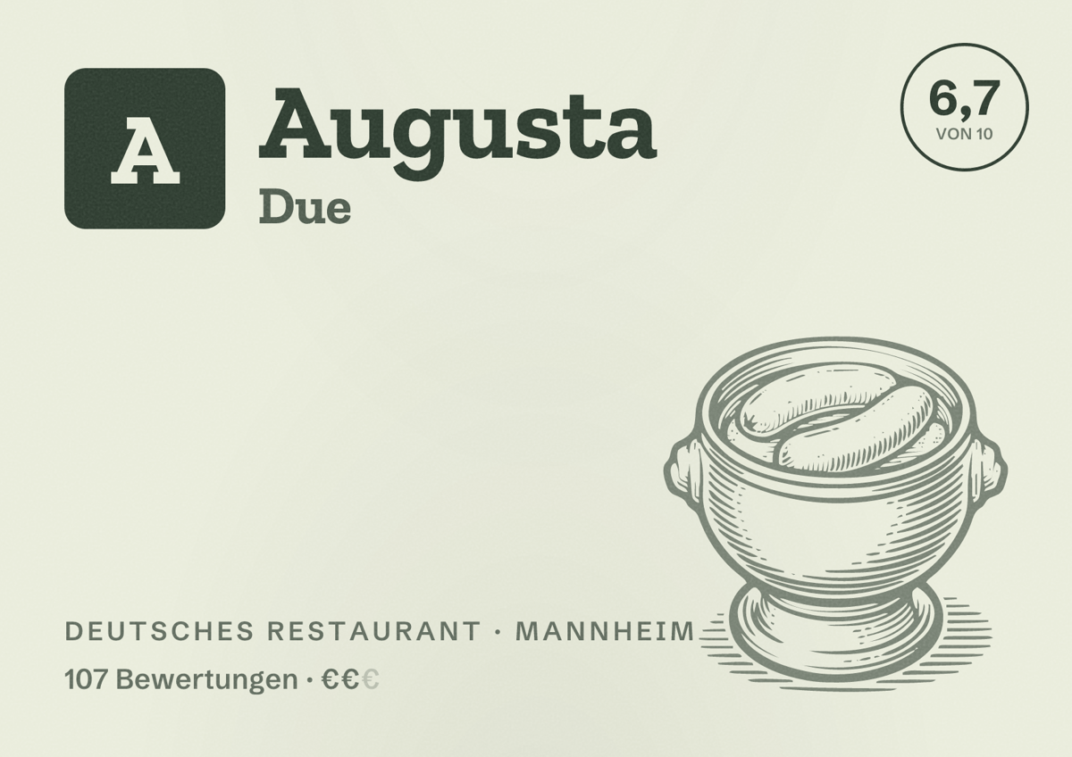 Illustriertes Poster von Augusta Due, Deutsches Restaurant in Mannheim: Bewertung 6,7 von 10 aus 107 Bewertungen, Preisniveau €€