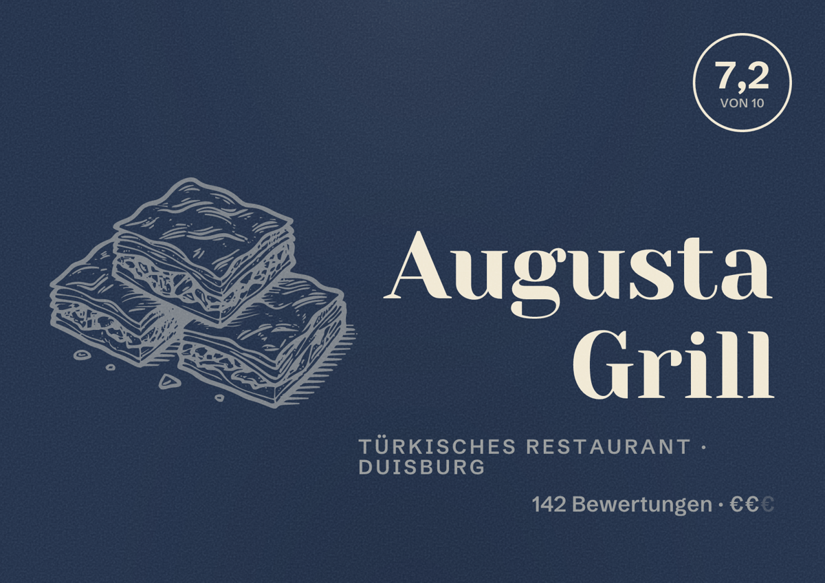 Illustriertes Poster von Augusta Grill, Türkisches Restaurant in Duisburg: Gästebewertung 7,2 von 10 aus 142 Bewertungen