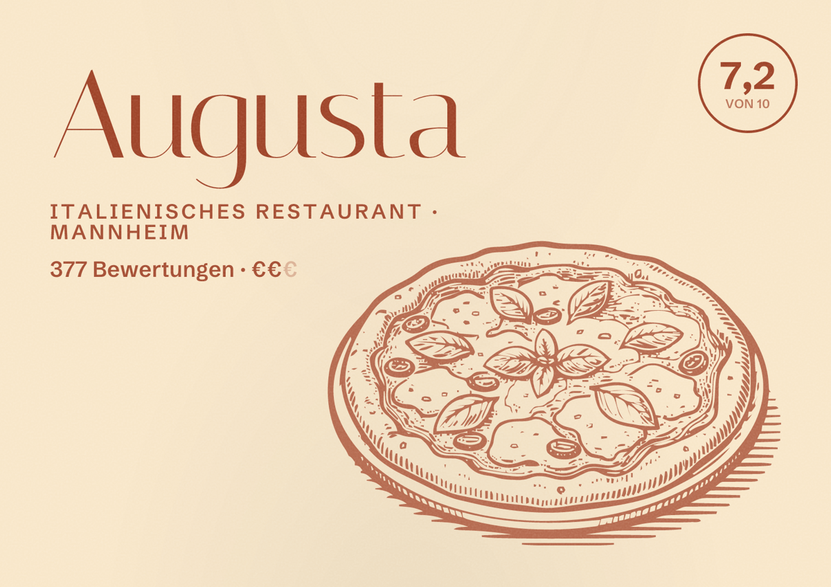 Illustriertes Poster von Augusta, Italienisches Restaurant in Mannheim: Bewertung 7,2 von 10 aus 377 Bewertungen, Preisniveau €€