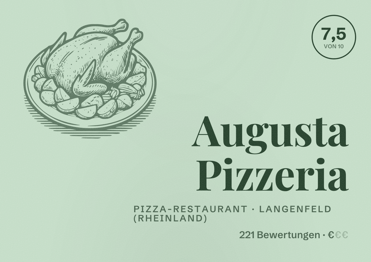 Illustriertes Poster von Augusta Pizzeria, Pizza-Restaurant in Langenfeld (Rheinland): Bewertung 7,5 von 10 aus 221 Bewertungen, Preisniveau €