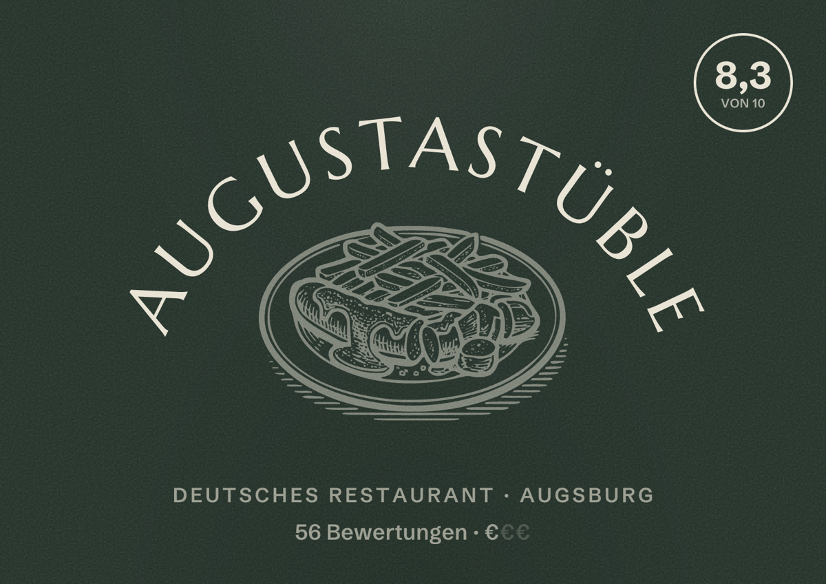 Illustriertes Poster von Augustastüble, Deutsches Restaurant in Augsburg: Bewertung 8,3 von 10 aus 56 Bewertungen, Preisniveau €