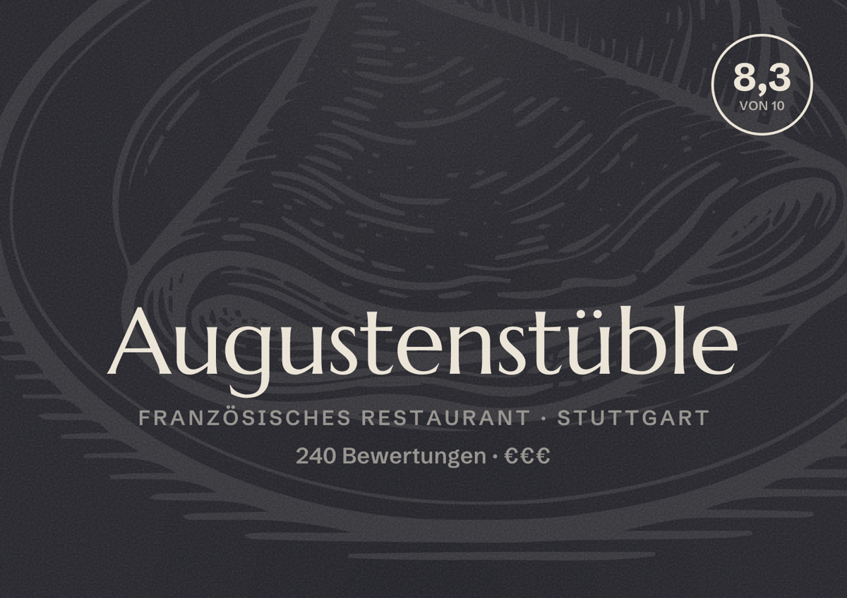 Illustriertes Poster von Augustenstüble, Französisches Restaurant in Stuttgart: Bewertung 8,3 von 10 aus 240 Bewertungen, Preisniveau €€€