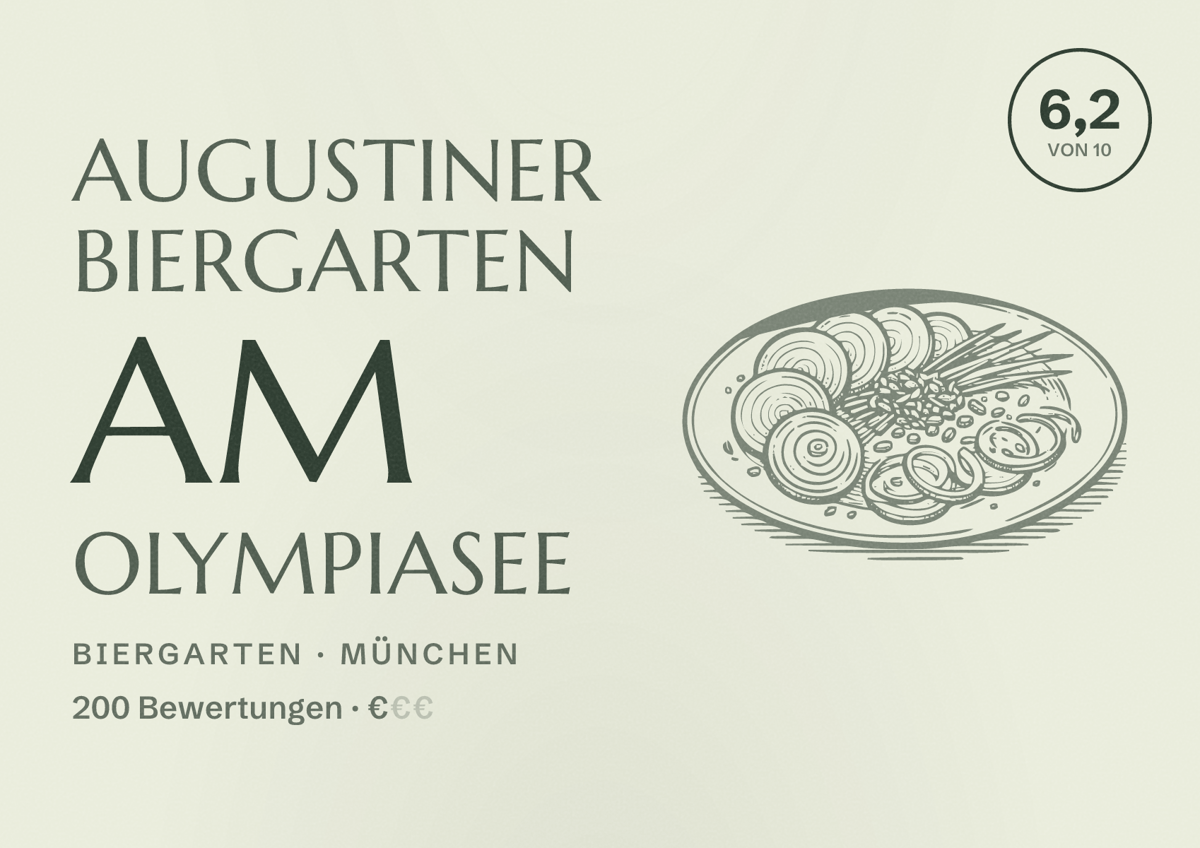 Illustriertes Poster von Augustiner Biergarten am Olympiasee, Biergarten in München: Bewertung 6,2 von 10 aus 200 Bewertungen, Preisniveau €