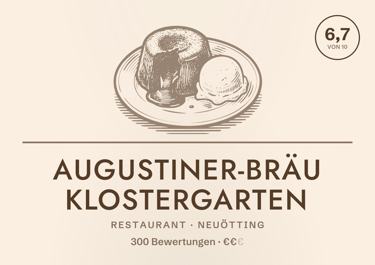 Illustriertes Poster von Augustiner-Bräu Klostergarten, Restaurant in Neuötting: Bewertung 6,7 von 10 aus 300 Bewertungen, Preisniveau €€