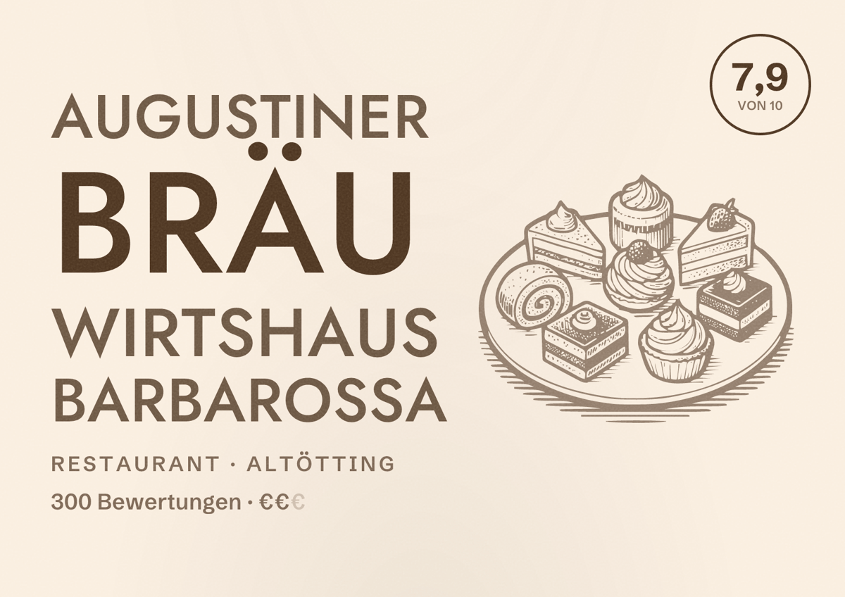 Illustriertes Poster von Augustiner Bräu Wirtshaus Barbarossa, Restaurant in Altötting: Bewertung 7,9 von 10 aus 300 Bewertungen, Preisniveau €€