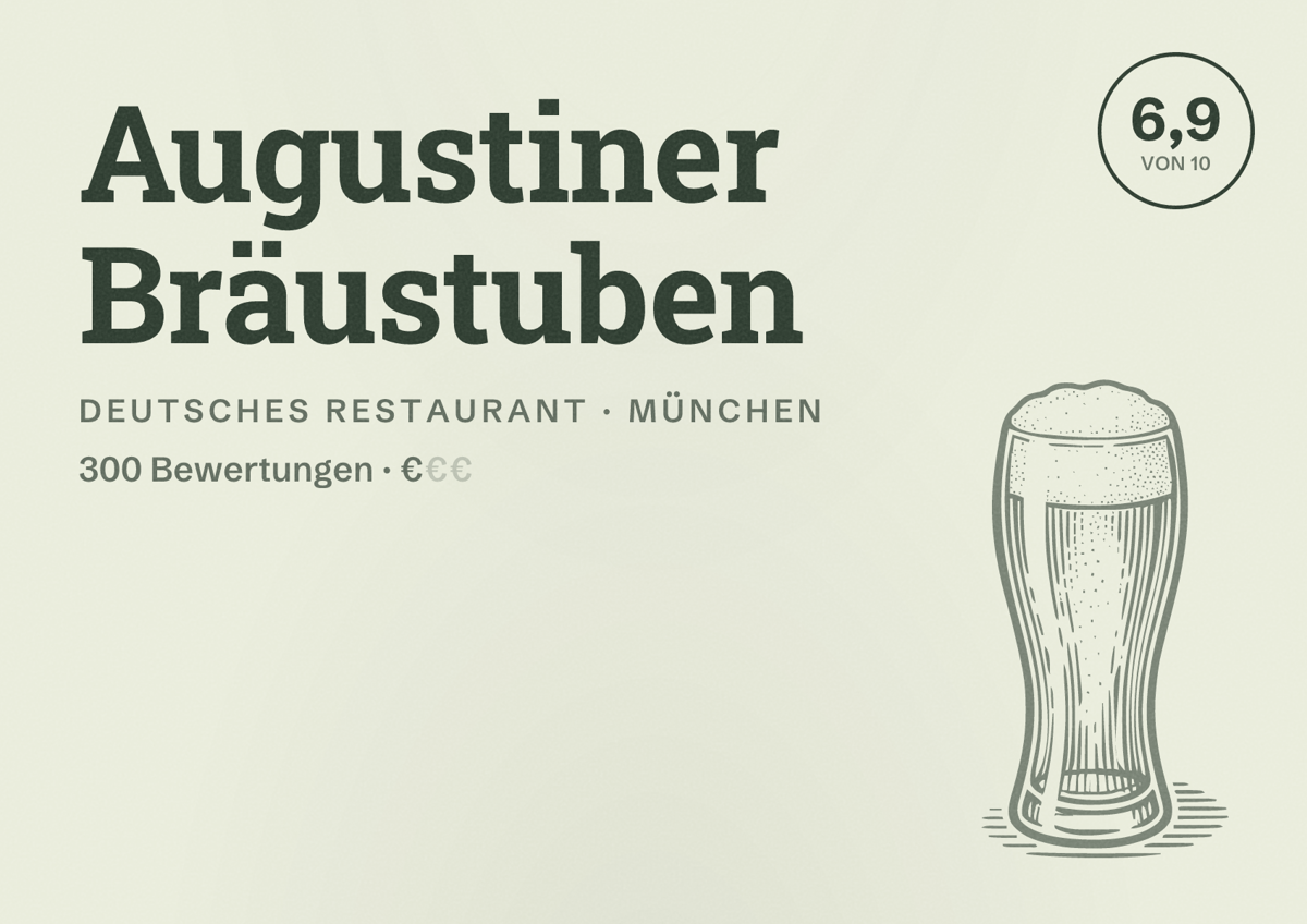 Illustriertes Poster von Augustiner Bräustuben, Deutsches Restaurant in München: Bewertung 6,9 von 10 aus 300 Bewertungen, Preisniveau €