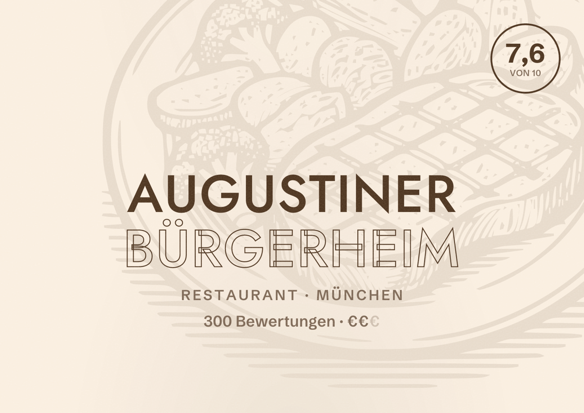 Illustriertes Poster von Augustiner Bürgerheim, Restaurant in München: Bewertung 7,6 von 10 aus 300 Bewertungen, Preisniveau €€