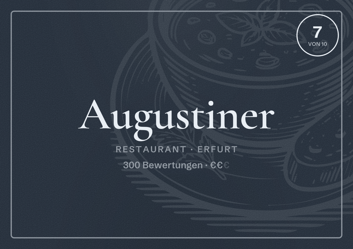 Illustriertes Poster von Augustiner, Restaurant in Erfurt: Bewertung 7,0 von 10 aus 300 Bewertungen, Preisniveau €€