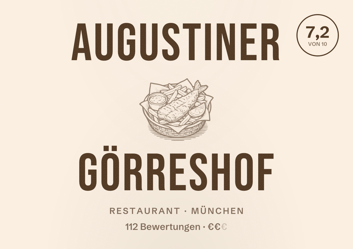Illustriertes Poster von Augustiner Görreshof, Restaurant in München: Bewertung 7,2 von 10 aus 112 Bewertungen, Preisniveau €€